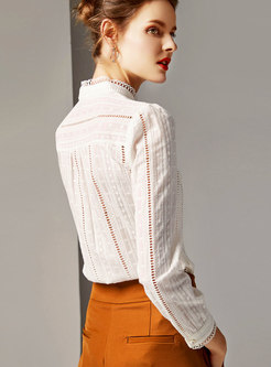 Casual White Standing Collar Hollow Out Blouse