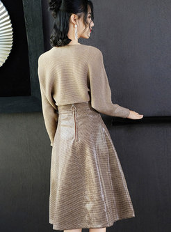 Fashion Khaki Crew-neck Top & High Waist A Line Skirt