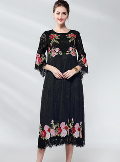 Three Quarters Sleeve Lace Embroidered Print Dress