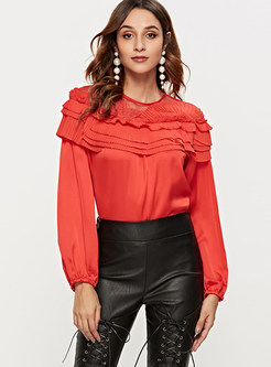 O-neck Mesh Splicing Pleated Pullover Blouse