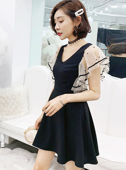 Sweet Black V-neck Splicing Falbala Short Sleeve Dress