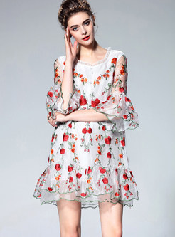 Ethnic Embroidered Half Sleeve Single-breasted Dress