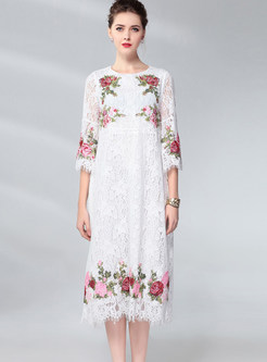 O-neck Flare Sleeve Embroidered Loose Shift Dress
