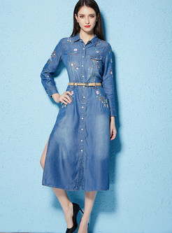 Lapel Long Sleeve Embroidered Single-breasted Denim Dress