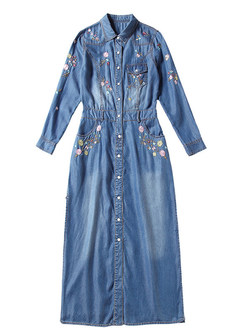 Lapel Long Sleeve Embroidered Single-breasted Denim Dress