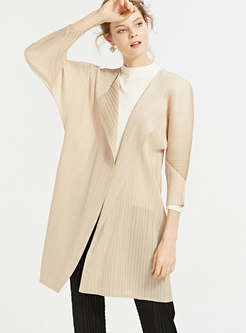 Fashion Beige-white Pleated Long Sleeve Cardigan Coat