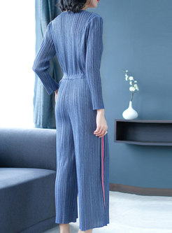Stylish Blue High Waist Striped Wide-leg Jumpsuits