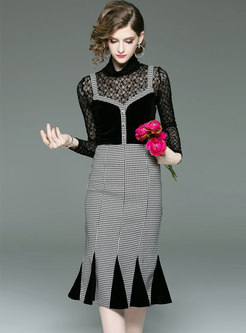 Trendy Black Lace Stitching High Waist Mermaid Dress