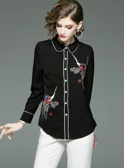 Brief Black Turn-down Collar Embroidered Blouse