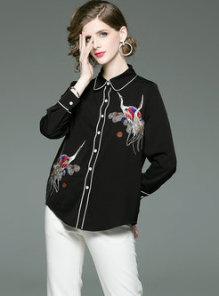 Brief Black Turn-down Collar Embroidered Blouse