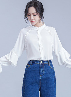 Brief Standing Collar Ruffled Sleeve Blouse