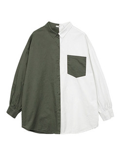 Brief Color-blocked Lapel Long Sleeve Loose Blouse