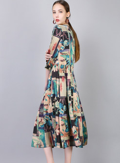Stylish Print O-neck Mid-claf Waist Skater Dress
