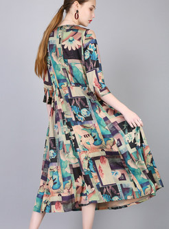 Stylish Print O-neck Mid-claf Waist Skater Dress