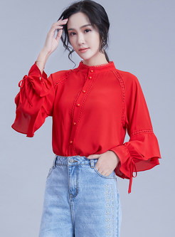 Solid Color Single-breasted Hollow Out Blouse