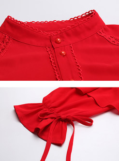 Solid Color Single-breasted Hollow Out Blouse