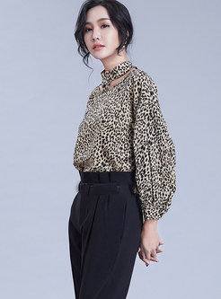 Fashion Hollow Out Leopard Pullover Chiffon Top