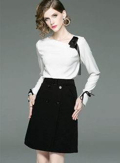 Work Daily White Chiffon Top & Black A Line Skirt