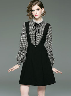 Trendy Stitching Houndstooth Skater Dress With Bowknot