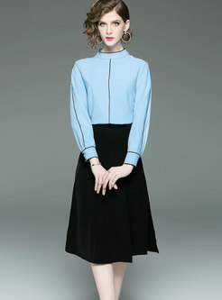 Fashion Blue Long Sleeve Blouse & Black High Waist Split Skirt