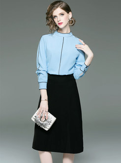 Fashion Blue Long Sleeve Blouse & Black High Waist Split Skirt