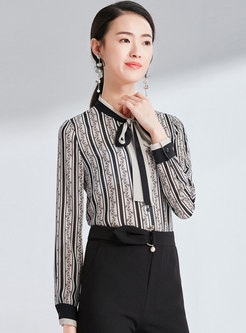 Elegant Striped Print Tie-collar Single-breasted Slim Blouse