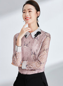 Stylish Pink Print Lapel Slim Pullover Lace Blouse