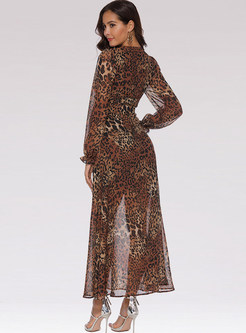Sexy V-neck Perspective Leopard Chiffon Maxi Dress