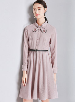 Pink Stand Collar Bowknot Belted Slim Skater Dress