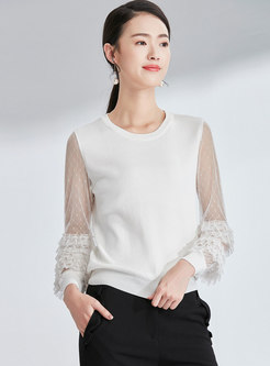 Mesh Splicing O-neck See-though Knitted Sweater