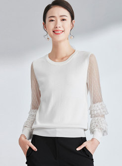 Mesh Splicing O-neck See-though Knitted Sweater