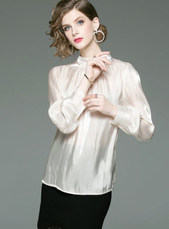 Stylish White Standing Collar OL Work Silk Blouse
