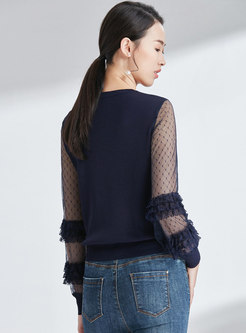 Navy Mesh Splicing O-neck See-though Knitted Sweater