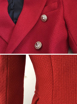 Autumn Red Notched Long Sleeve Woolen Blazer 