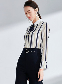 Striped Lapel Flare Sleeve Bowknot Single-breasted Blouse