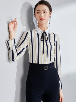 Striped Lapel Flare Sleeve Bowknot Single-breasted Blouse