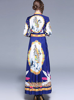 Court Lapel Long Sleeve Waist Print Maxi Dress