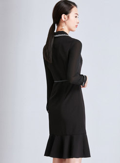 Elegant Color-blocked Notched Falbala Belted Dress