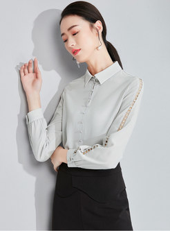 Pure Color Lapel Hollow Out Single-breasted Blouse