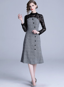 Hollow Out Lace Standing Collar Houndstooth Dress
