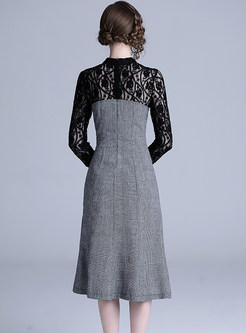 Hollow Out Lace Standing Collar Houndstooth Dress