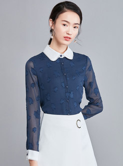 Chic Color-blocked Lapel Jacquard Single-breasted Slim Blouse