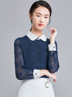 Chic Color-blocked Lapel Jacquard Single-breasted Slim Blouse
