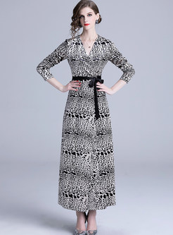Fashion V-neck Long Sleeve Leopard Tie-waist Maxi Dress