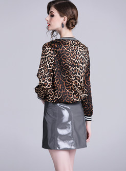 O-neck Long Sleeve Zippered Leopard Jacket
