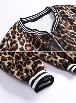 O-neck Long Sleeve Zippered Leopard Jacket