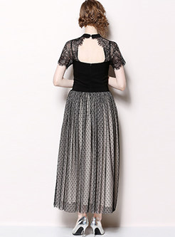 Hollow Out V-neck Short Sleeve Lace Splicing Maxi Dress