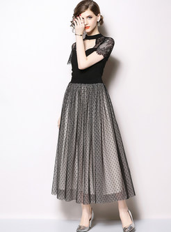 Hollow Out V-neck Short Sleeve Lace Splicing Maxi Dress