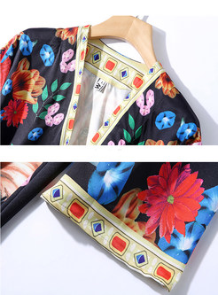 Retro V-neck Flare Sleeve Waist Print Maxi Dress