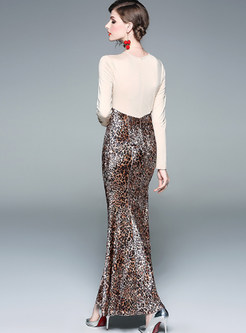 O-neck Long Sleeve Splicing Leopard Sheath Maxi Dress
